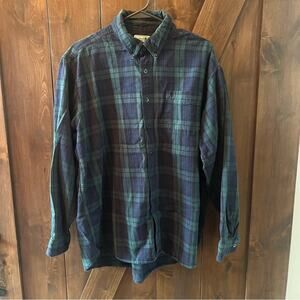LL Bean Button Down Shirt Mens Size XL Plaid Green Navy Blue Long Sleeve Rugged